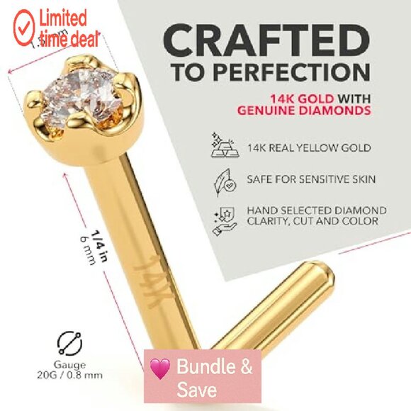 14K Gold Diamond Nose Stud 1.5mm 20 Gauge L-Shaped Piercing Jewelry - Picture 3 of 8